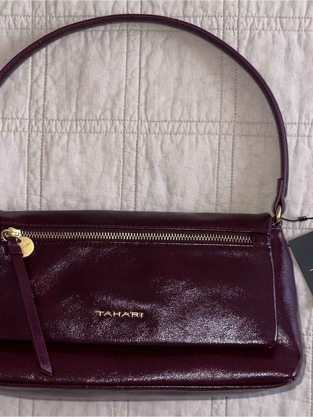 TAHARI Deep Burgundy Patent Shoulder Bag with Gold Hardware